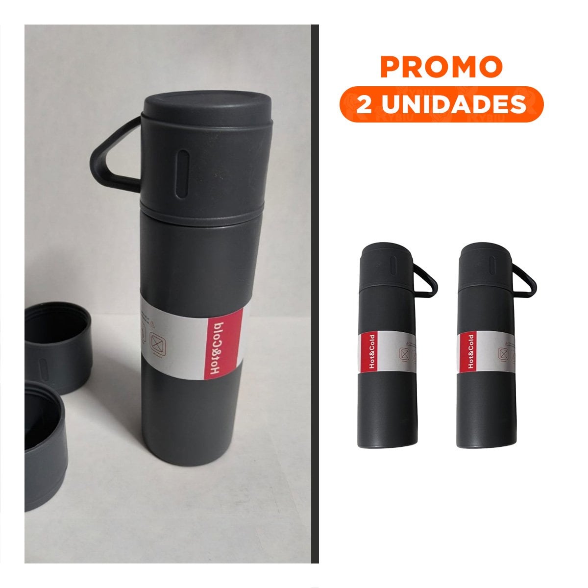 PACK2 VASO TERMICO CON 2 TASAS COLOR PLOMO OSCURO PARA CASA YREGALO STICKER - 1