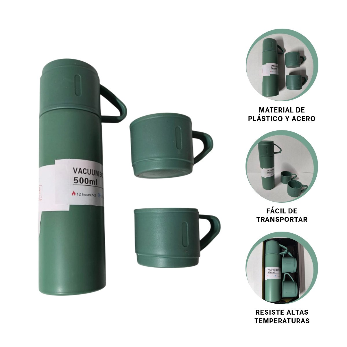 BOTELLA TERMICA INDIVIDUAL CON 2 TAZAS VERDE PARA HOGAR Y VIAJE YPAPEL REGALO - 5