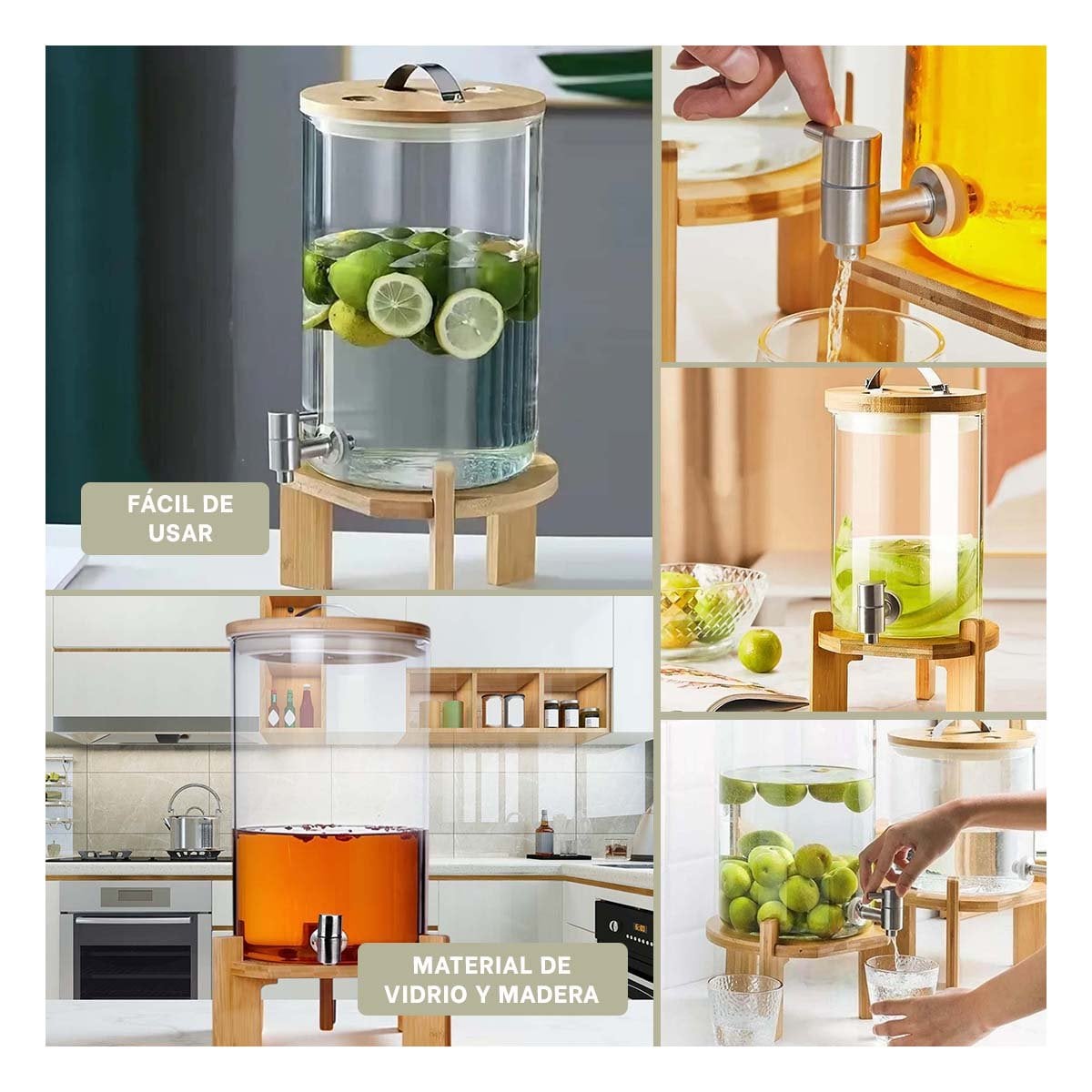 PACK2 JARRA TRANSPARENTE 8L CON BASE DE MADERA PARA SERVIR BEBIDAS CON COMODIDAD YPAPEL REGALO - 3