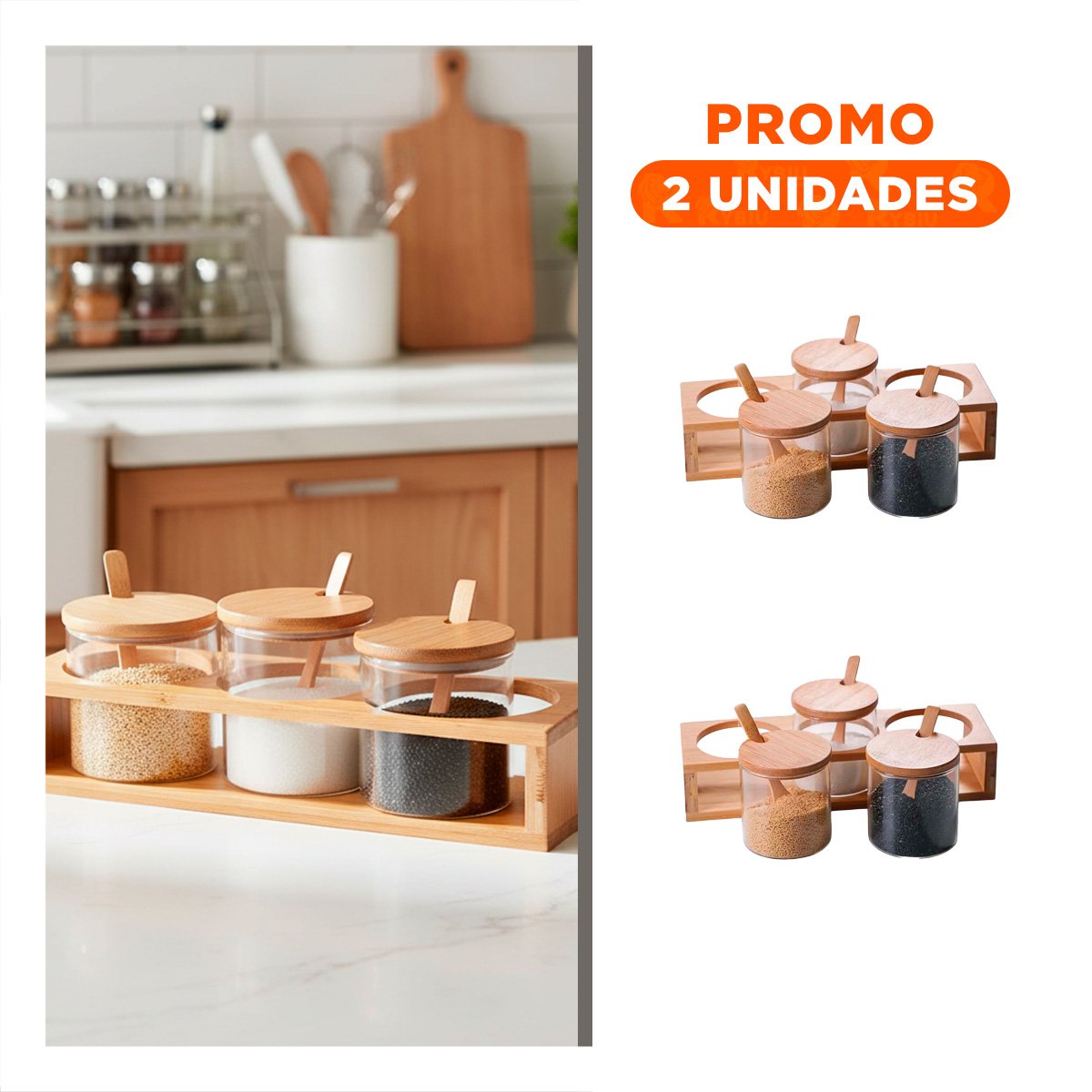 PACK2 JUEGO DE CONDIMENTEROS CON BASE DE MADERA Y CUCHARAS DISENO MINIMALISTA YREGALO STICKER - 1