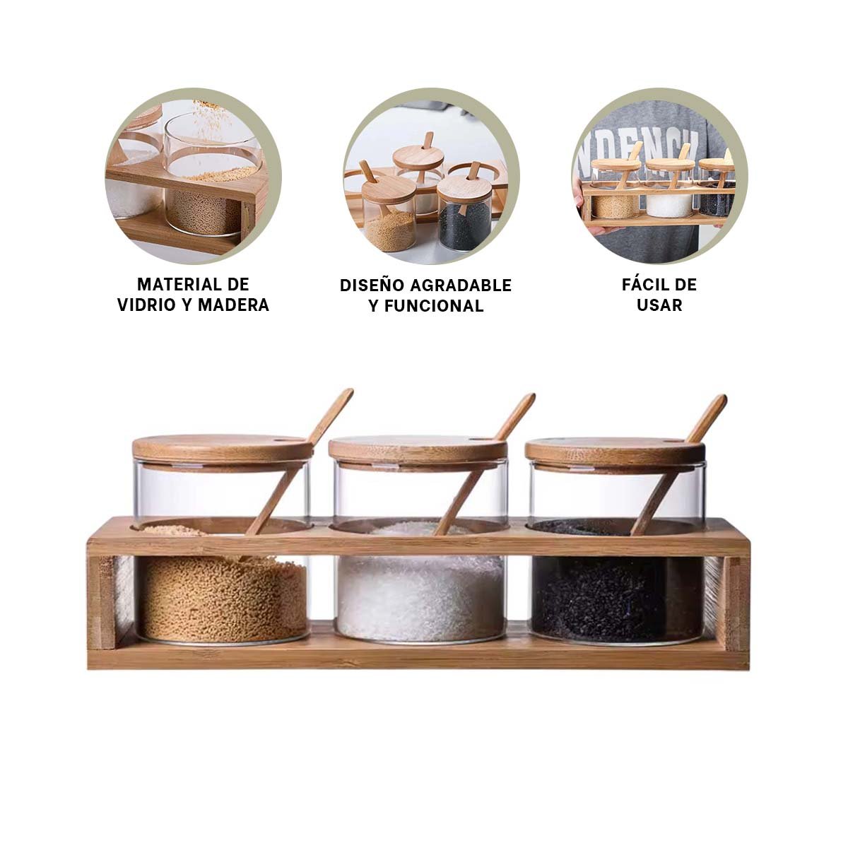 ORGANIZADOR DE ESPECIAS CON 3 FRASCOS DE VIDRIO Y BASE DE MADERA NATURAL YPOST IT - 5