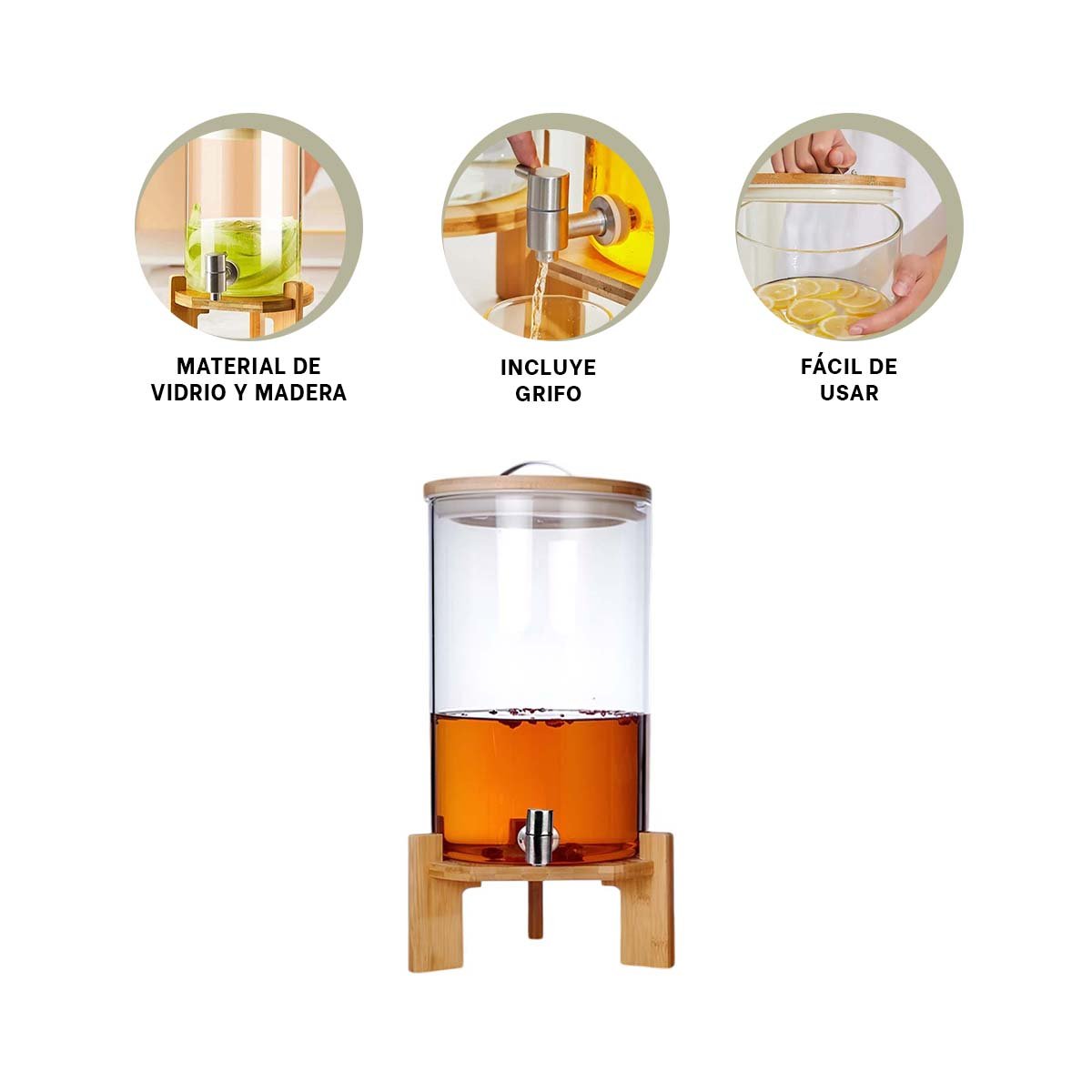 TANQUE DE BEBIDAS 8L TRANSPARENTE CON SOPORTE DE MADERA RESISTENTE Y ESTABLE YPOST IT - 5