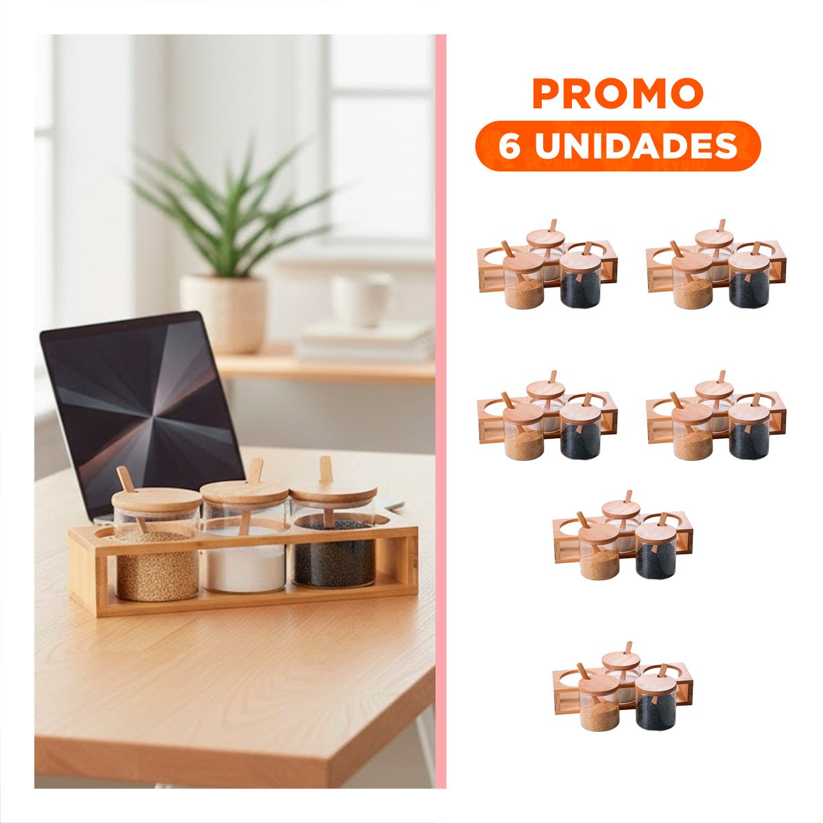 PACK6 SET DE COCINA CON FRASCOS DE VIDRIO Y ESTANTE PARA SAL O CONDIMENTOS YREGALO STICKER - 1