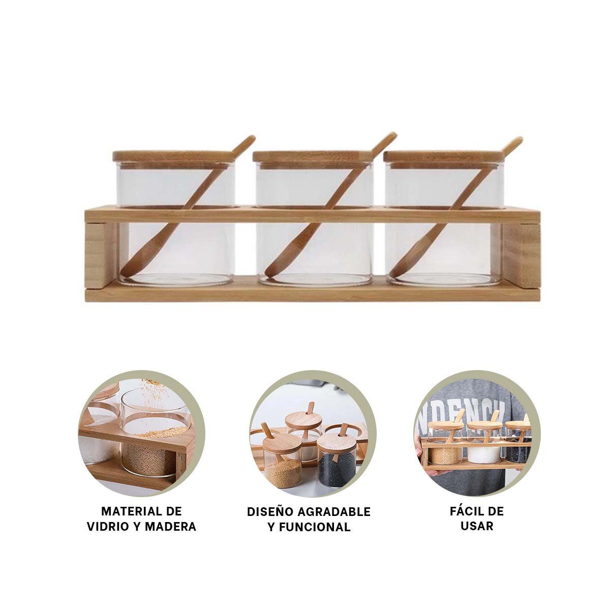 SET DE FRASCOS PARA CONDIMENTOS CON BASE DE MADERA Y 3 RECIPIENTES DE VIDRIO YPAPEL REGALO - 5