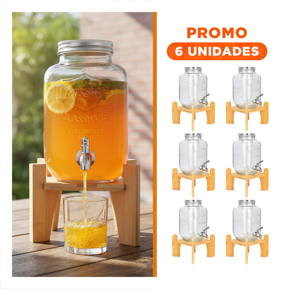PACK6 ACCESORIO DE HOGAR PARA BEBIDA 4L CON BASE DE MADERA TRANSPARENTE YREGALO STICKER - 1