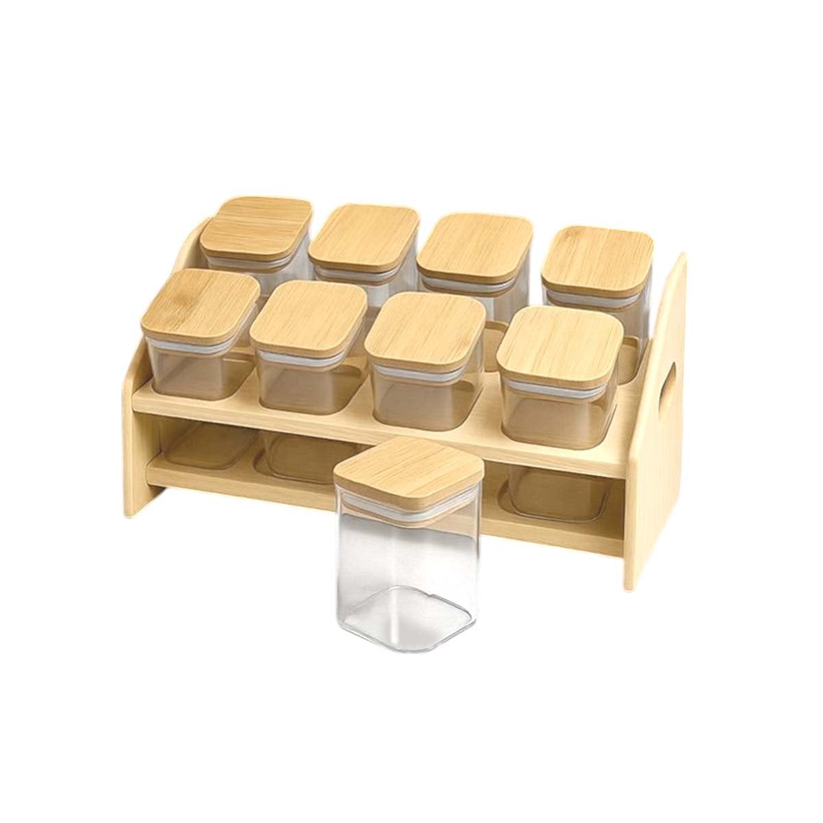 ORGANIZADOR RECTANGULAR DE MADERA CON 8 FRASCOS CUADRADOS PARA COCINA Y HOGAR YREGALO STICKER - 1
