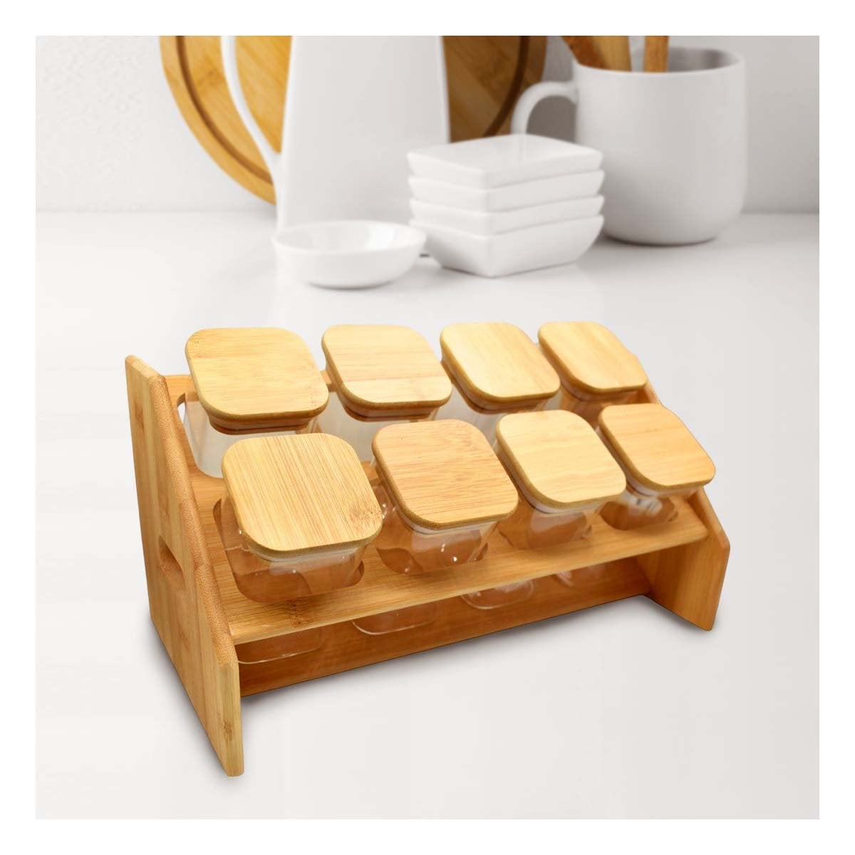 ORGANIZADOR RECTANGULAR DE MADERA CON 8 FRASCOS CUADRADOS PARA COCINA Y HOGAR YREGALO STICKER - 2