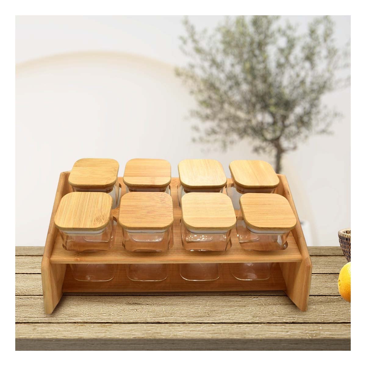 ORGANIZADOR RECTANGULAR DE MADERA CON 8 FRASCOS CUADRADOS PARA COCINA Y HOGAR YREGALO STICKER - 5