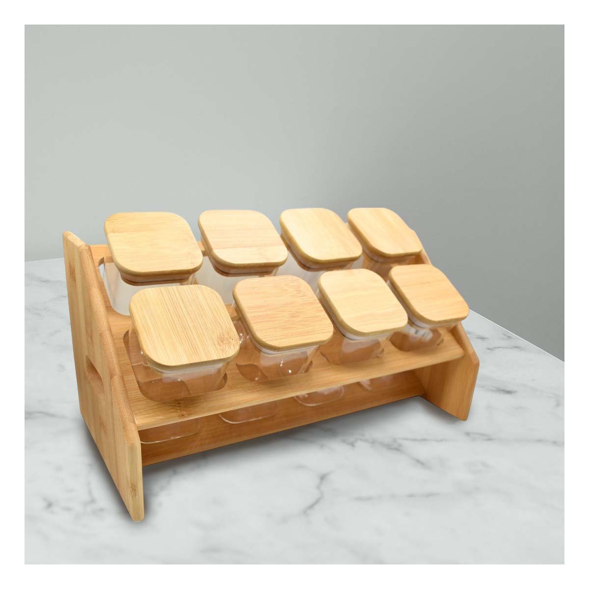 ESPECIERO RECTANGULAR DE MADERA CON 8 FRASCOS CUADRADOS PARA COCINA Y HOGAR - 3