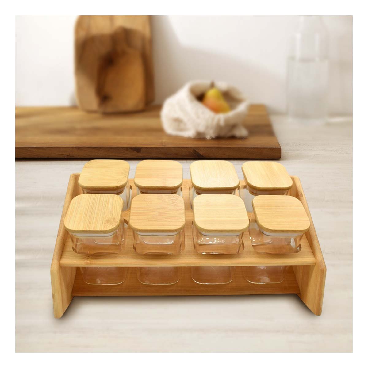 ESPECIERO RECTANGULAR DE MADERA CON 8 FRASCOS CUADRADOS PARA COCINA Y HOGAR - 5