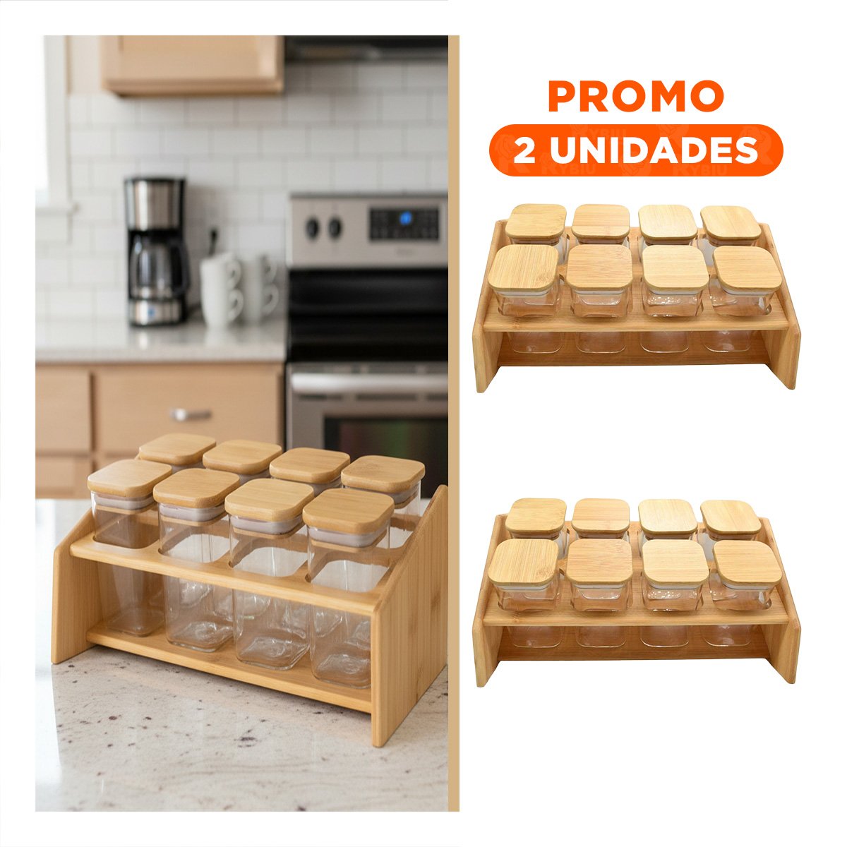 PACK2 ORGANIZADOR DE ESPECIAS RECTANGULAR DE MADERA CON 8 FRASCOS COCINA YREGALO STICKER - 1