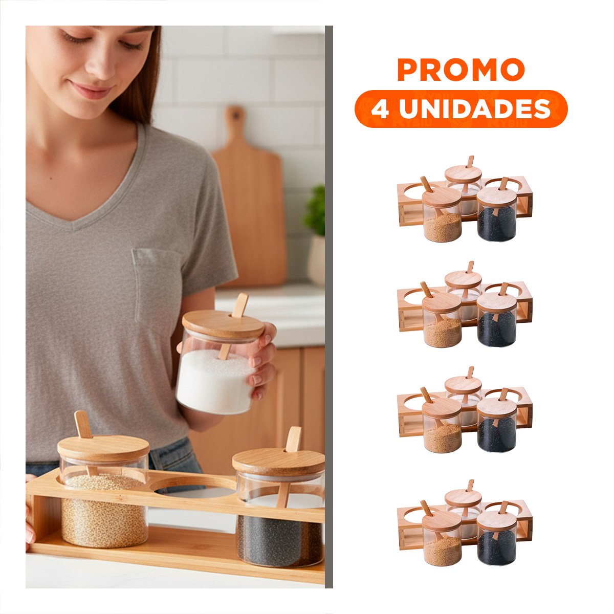 PACK4 ORGANIZADOR DE CONDIMENTOS CON 3 RECIPIENTES Y SOPORTE DE MADERA RESISTENTE - 1
