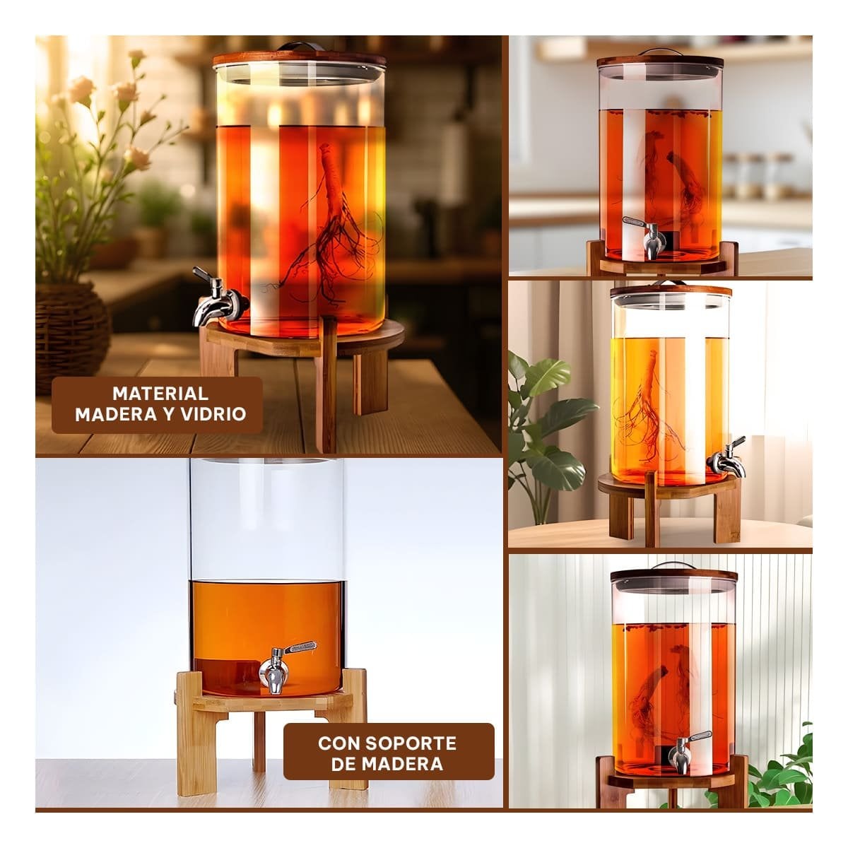 DISPENSADOR DE BEBIDA 10L CON BASE DE MADERA TRANSPARENTE PARA HOGAR - 2