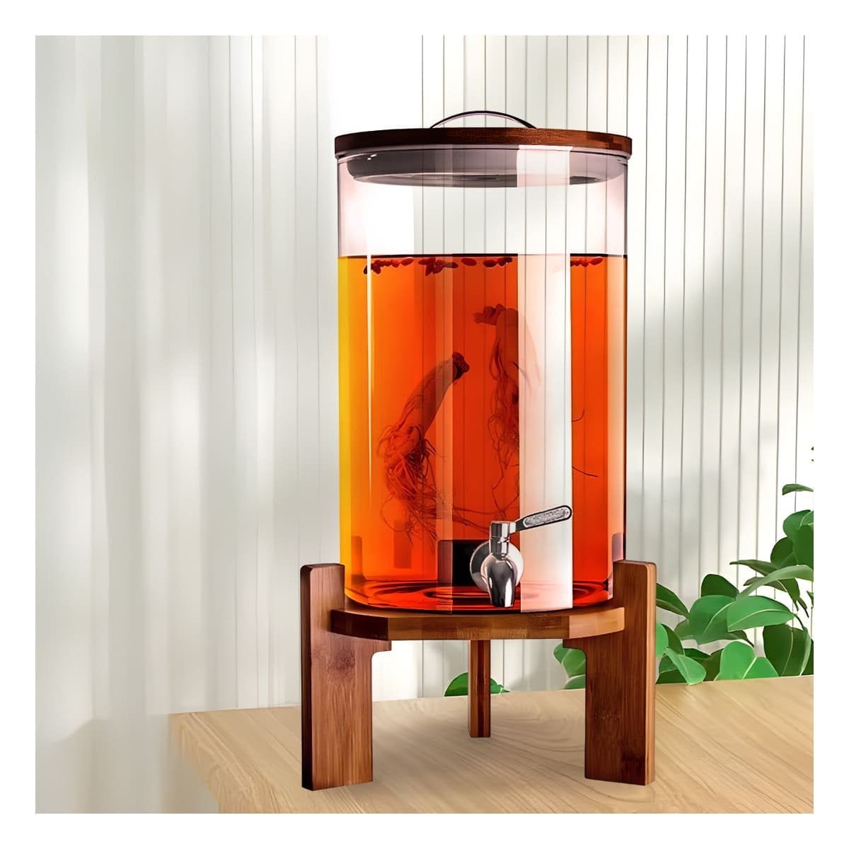 DISPENSADOR DE BEBIDA 10L CON BASE DE MADERA TRANSPARENTE PARA HOGAR - 3