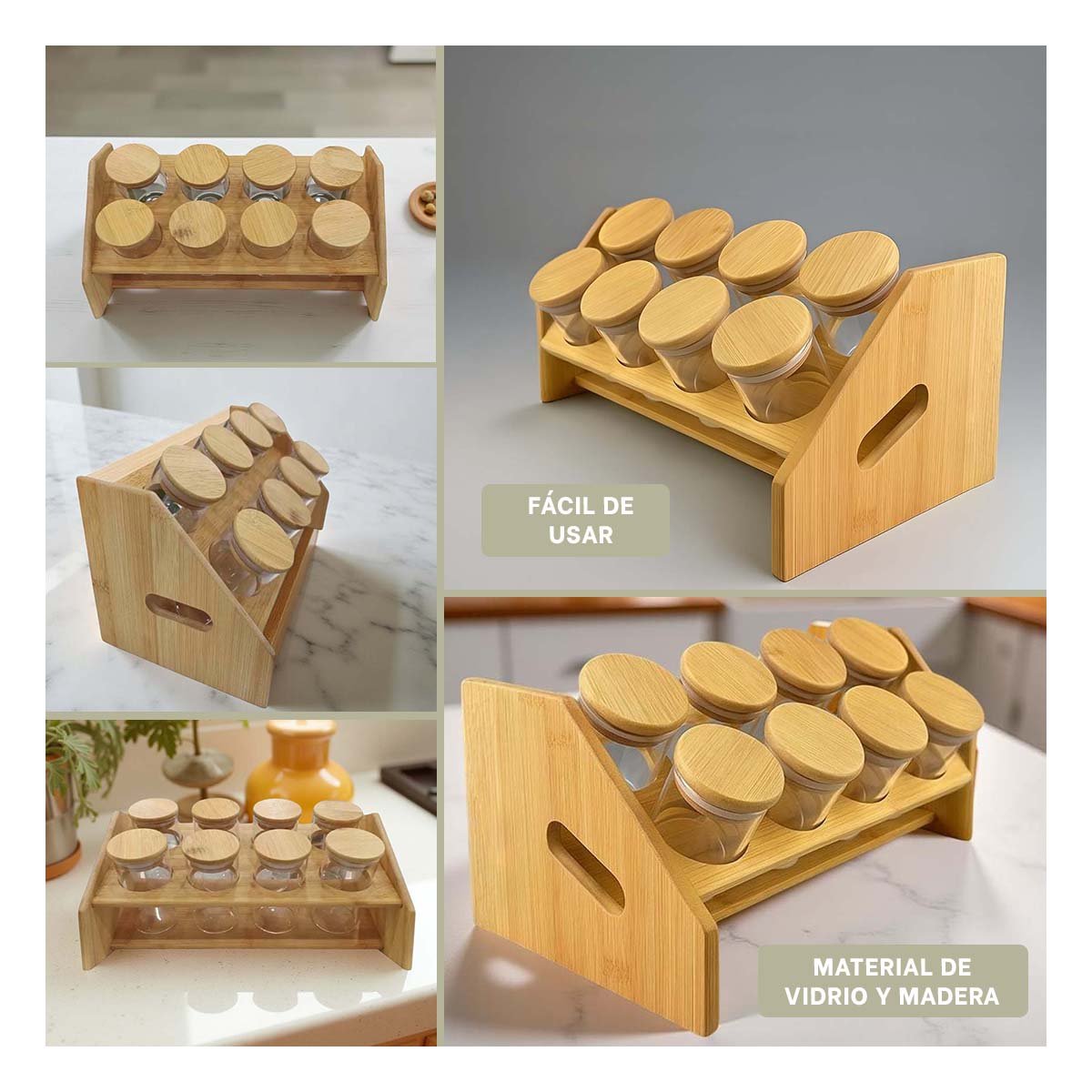 ORGANIZADOR RECTANGULAR CON 8 FRASCOS CIRCULARES EN MADERA PARA COCINA HOGAR YPAPEL REGALO - 3