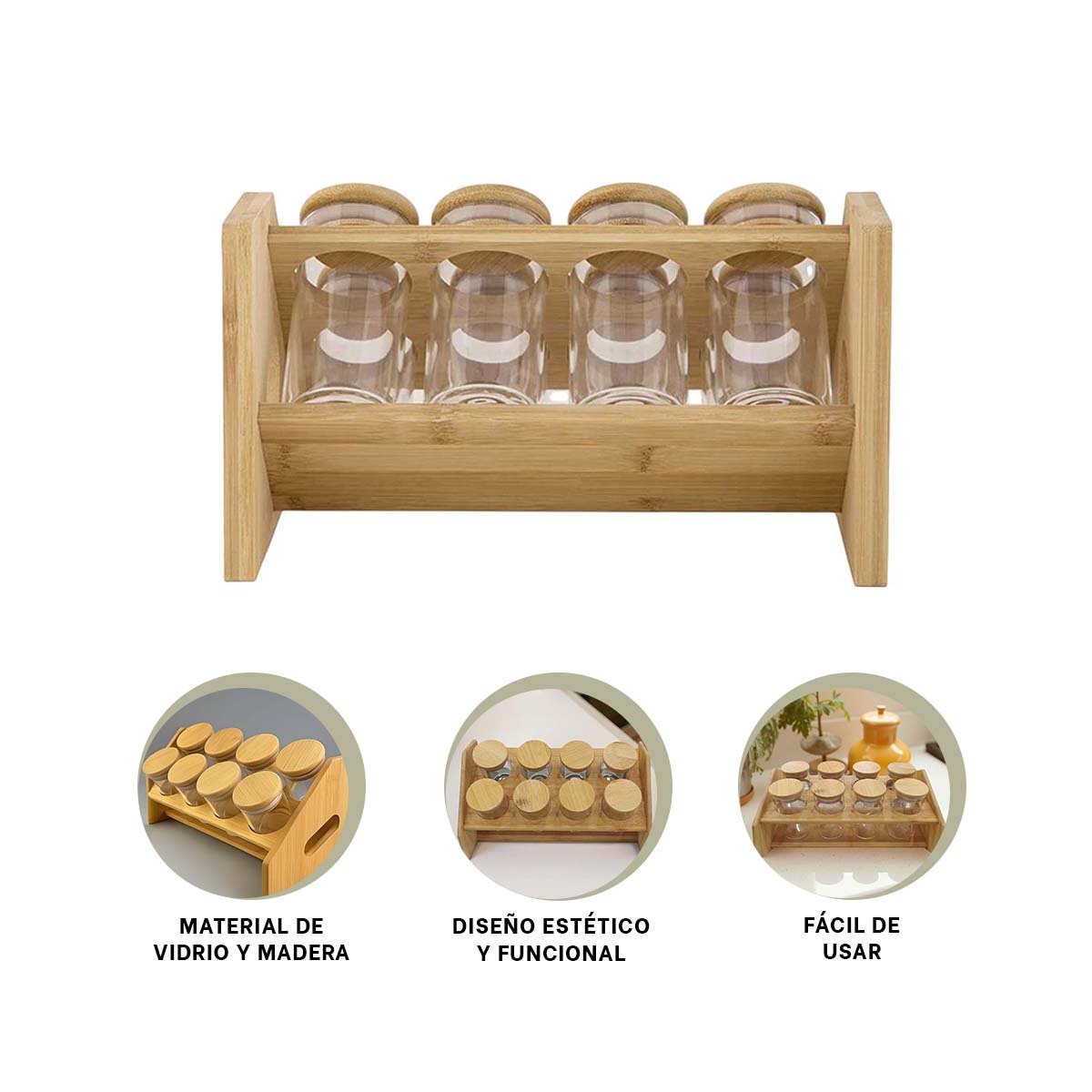 ORGANIZADOR RECTANGULAR CON 8 FRASCOS CIRCULARES EN MADERA PARA COCINA HOGAR YPAPEL REGALO - 5