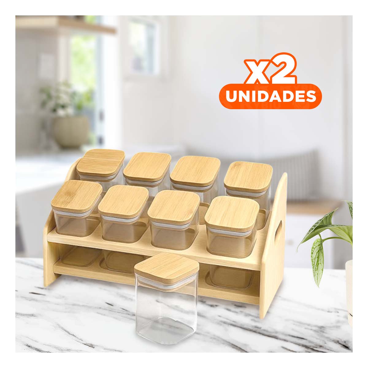 PACK2 ESPECIERA RECTANGULAR DE MADERA CON 8 FRASCOS CUADRADOS COCINA Y HOGAR YPAPEL REGALO - 1