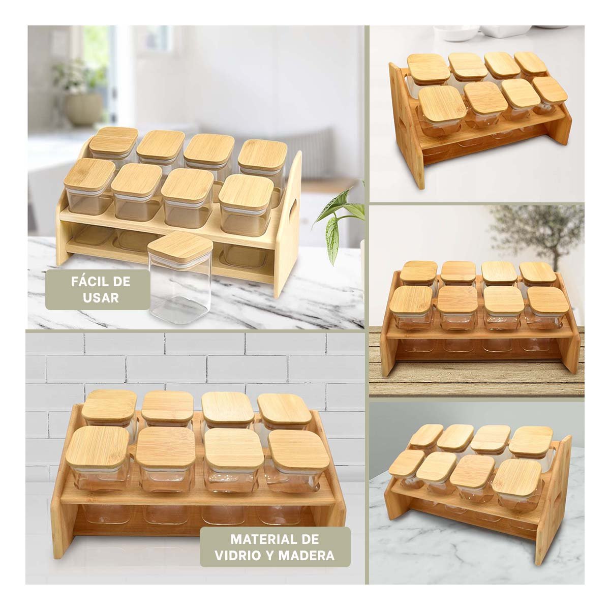 PACK2 ESPECIERA RECTANGULAR DE MADERA CON 8 FRASCOS CUADRADOS COCINA Y HOGAR YPAPEL REGALO - 3