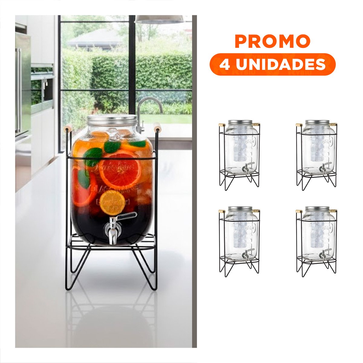 PACK4 SERVIDOR FUNCIONAL DE BEBIDA 4L CON BASE METALICA NEGRO TRANSPARENTE - 1