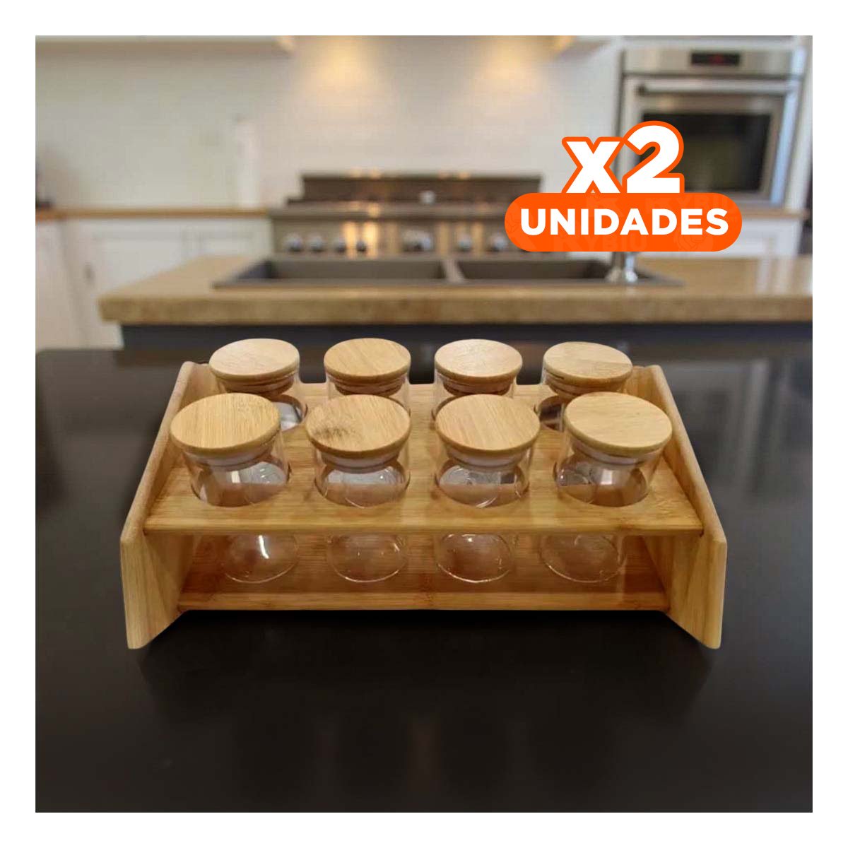 PACK2 CONTENEDOR DE ESPECIAS RECTANGULAR CON 8 FRASCOS CIRCULARES EN MADERA COCINA - 1