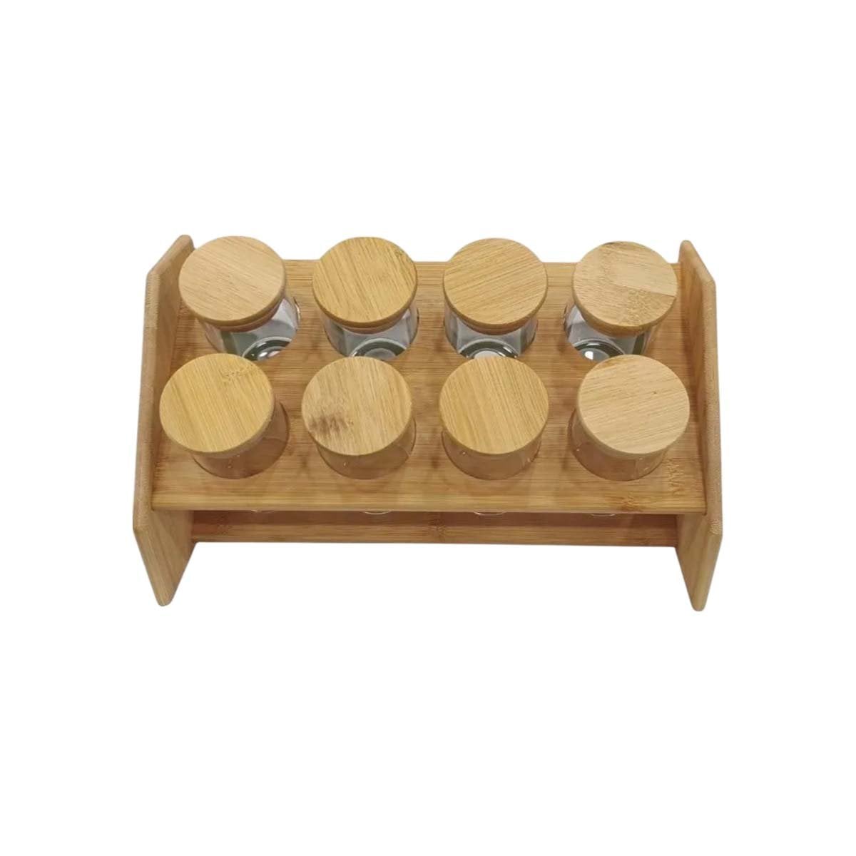 PORTA CONDIMENTOS RECTANGULAR CON 8 FRASCOS CIRCULARES DE MADERA COCINA YREGALO STICKER - 1