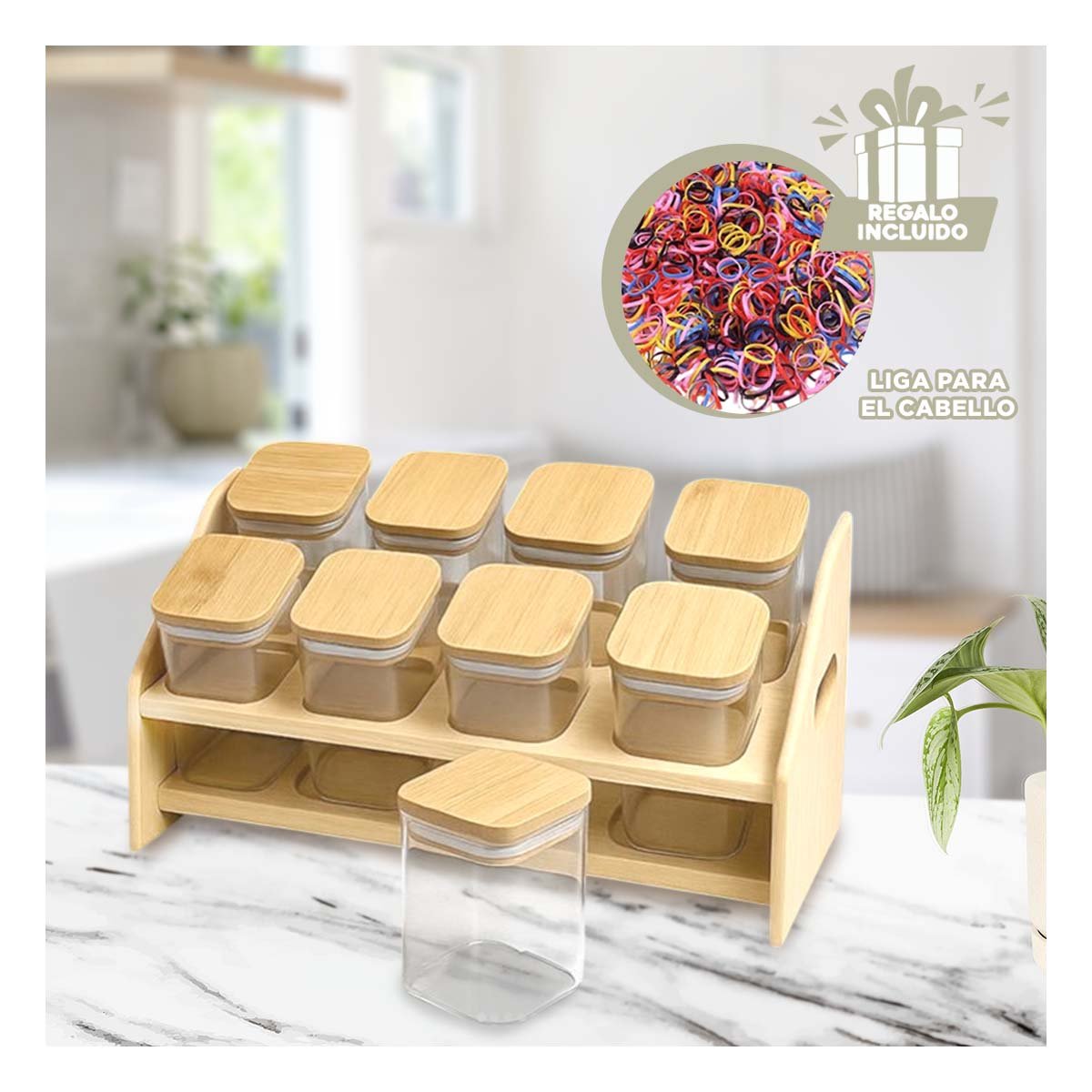 PORTA CONDIMENTOS RECTANGULAR DE MADERA CON 8 FRASCOS CUADRADOS PARA COCINA YLIGAS REGALO - 2