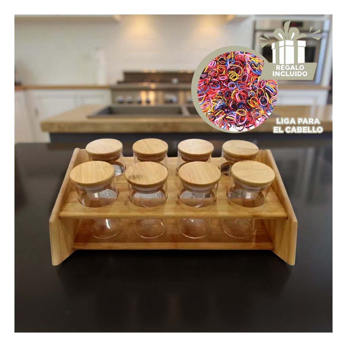 SET ESPECIERO RECTANGULAR CON 8 FRASCOS CIRCULARES EN MADERA PARA COCINA YLIGAS REGALO - 2