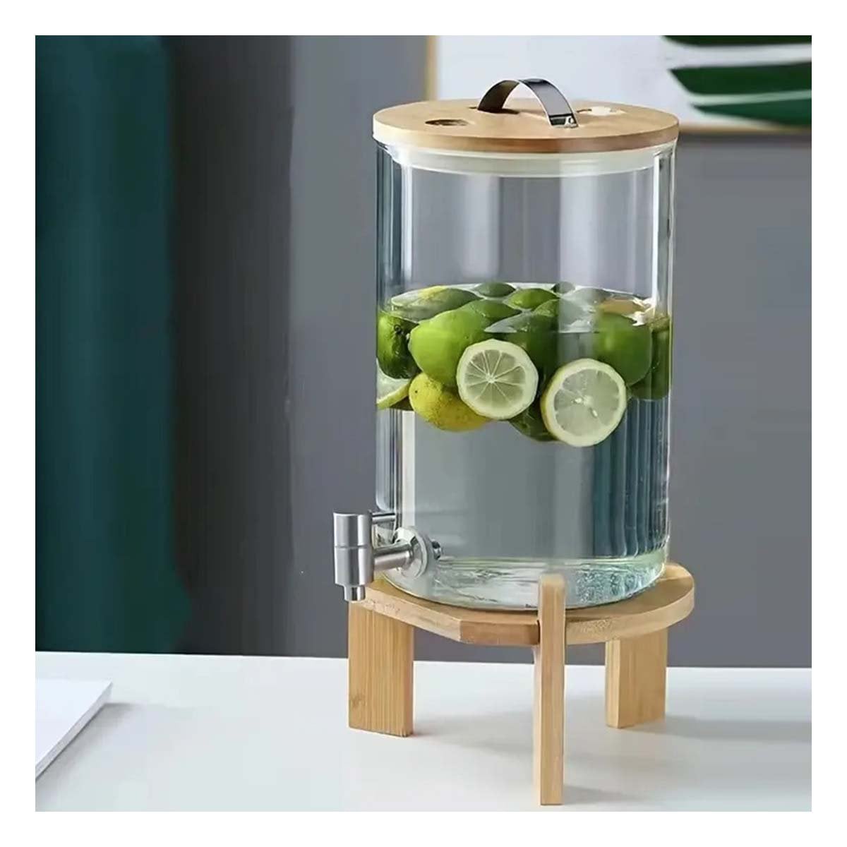 JARRA DISPENSADORA 8L TRANSPARENTE CON BASE DE MADERA PRACTICA PARA REUNIONES YREGALO STICKER - 3
