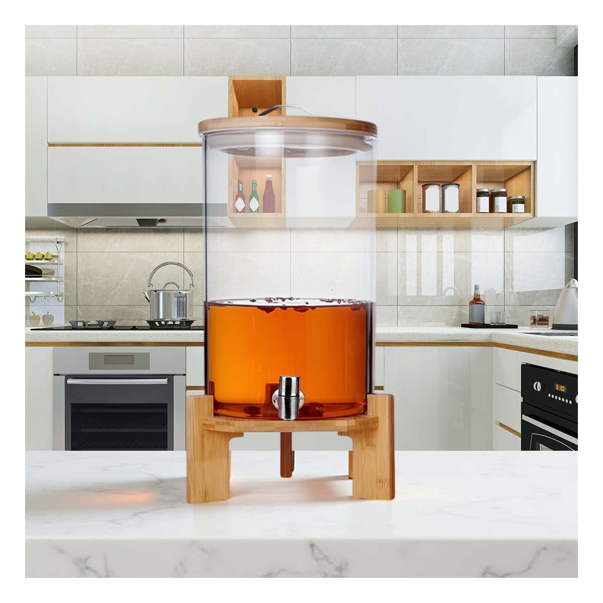 JARRA DISPENSADORA 8L TRANSPARENTE CON BASE DE MADERA PRACTICA PARA REUNIONES YREGALO STICKER - 5