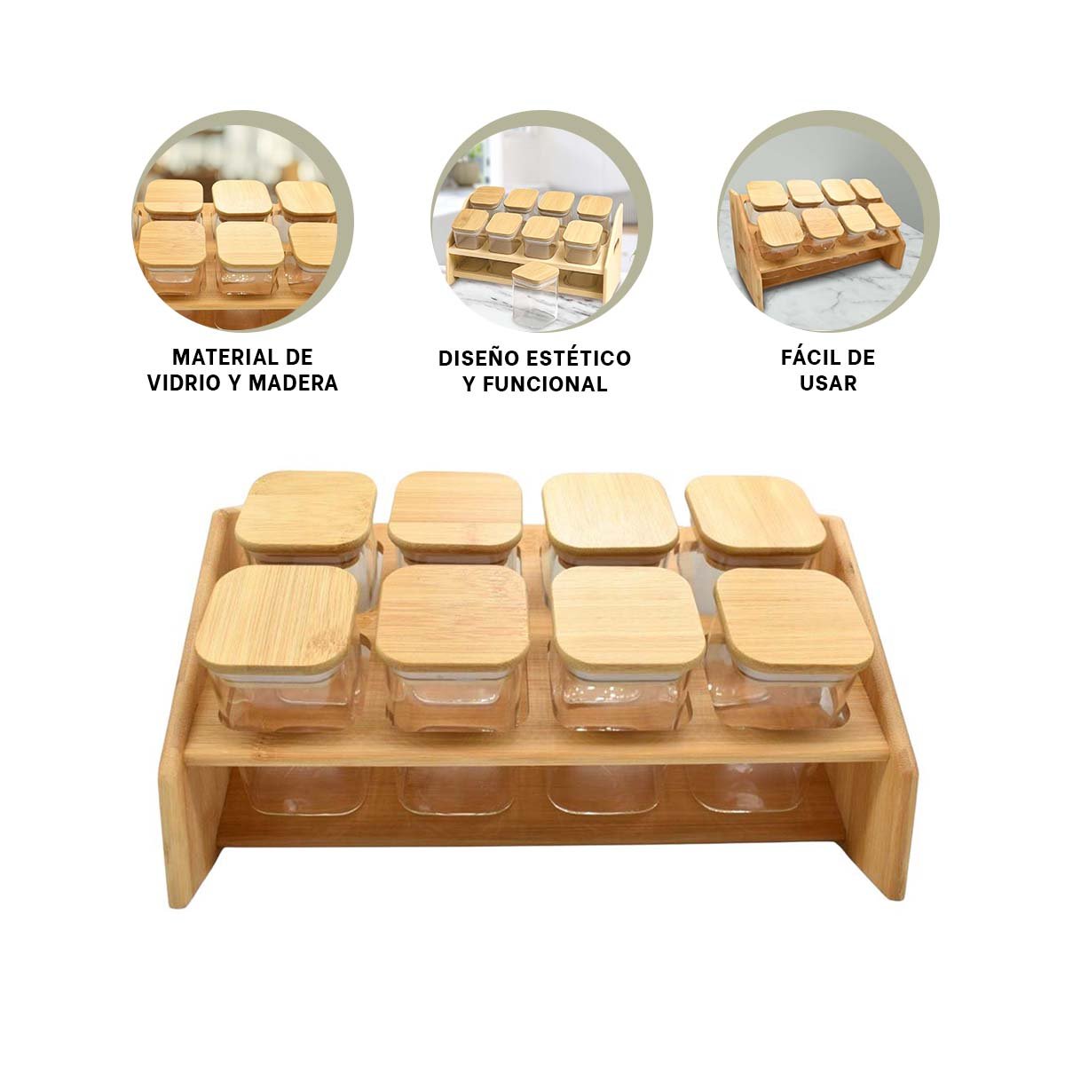SET ESPECIERO RECTANGULAR DE MADERA CON 8 FRASCOS CUADRADOS COCINA Y HOGAR YPOST IT - 5