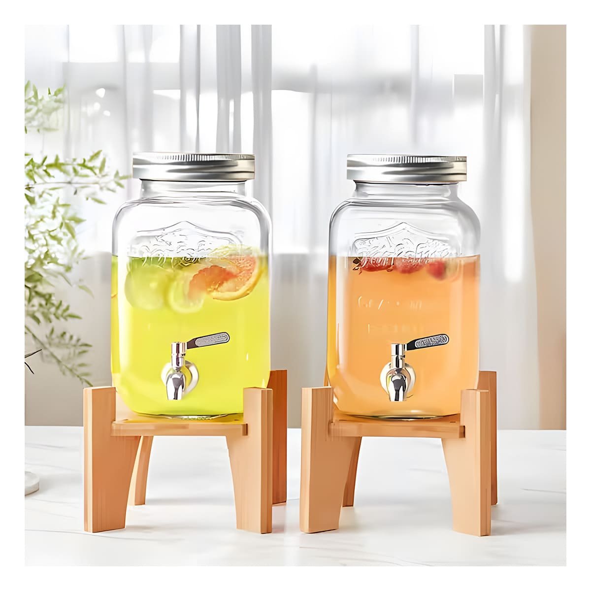 DISPENSADOR PARA BEBIDA 4L CON BASE DE MADERA Y TAPA METAL TRANSPARENTE YPAPEL REGALO - 1
