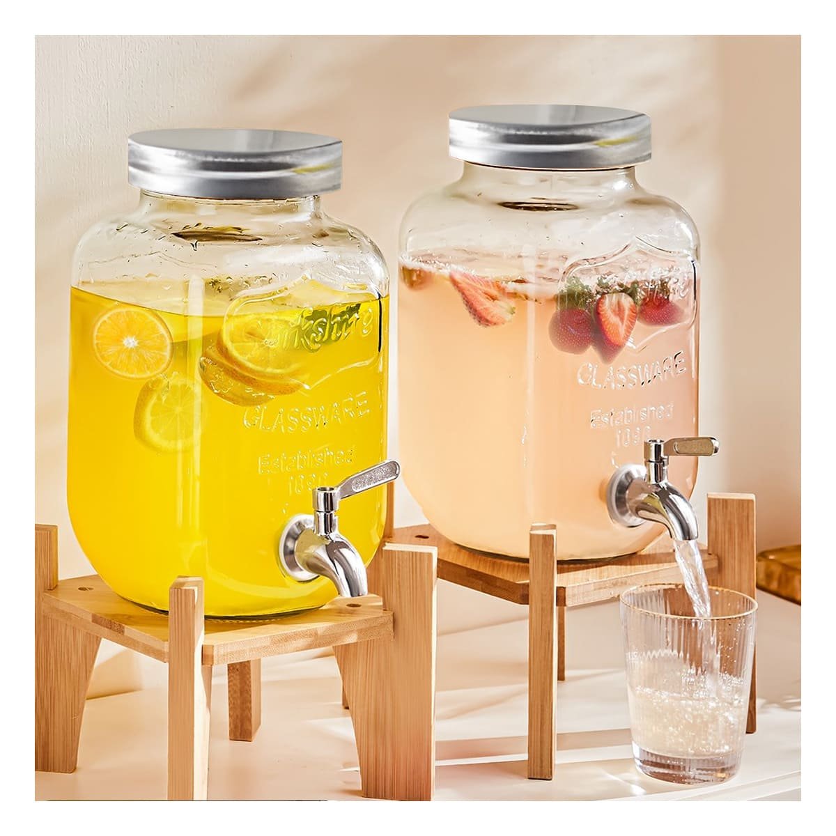 DISPENSADOR PARA BEBIDA 4L CON BASE DE MADERA Y TAPA METAL TRANSPARENTE YPAPEL REGALO - 2