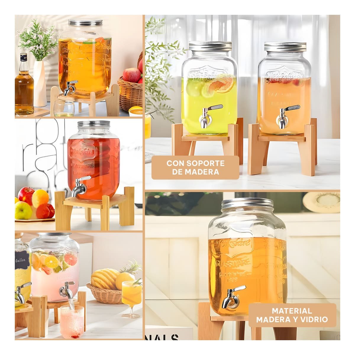 DISPENSADOR PARA BEBIDA 4L CON BASE DE MADERA Y TAPA METAL TRANSPARENTE YPAPEL REGALO - 3