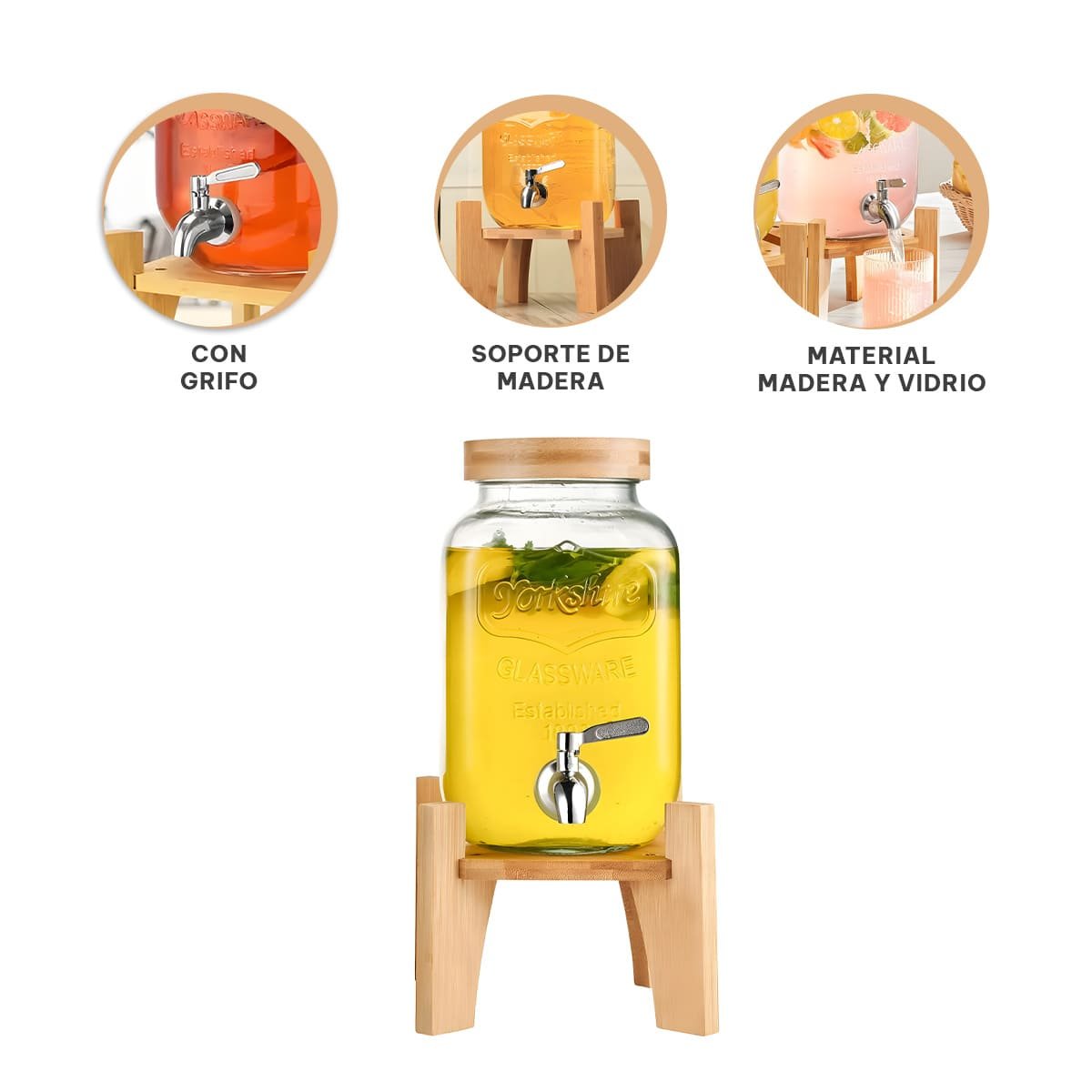 DISPENSADOR PARA BEBIDA 4L CON BASE DE MADERA Y TAPA METAL TRANSPARENTE YPAPEL REGALO - 5