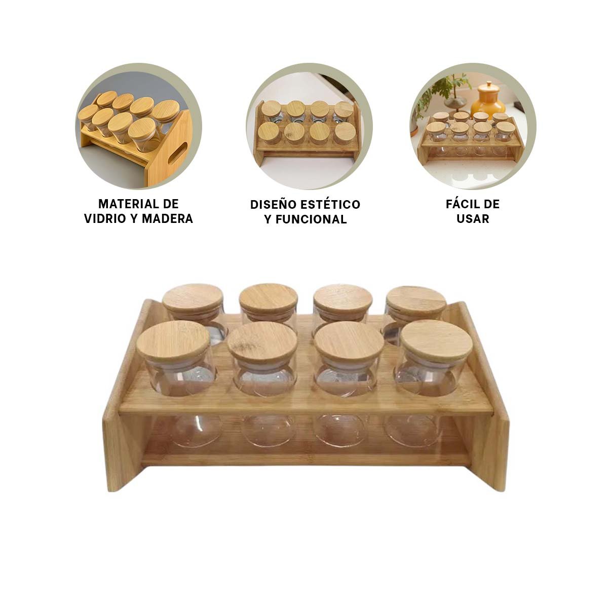 BASE ESPECIERA RECTANGULAR CON 8 FRASCOS CIRCULARES DE MADERA PARA COCINA YPOST IT - 5