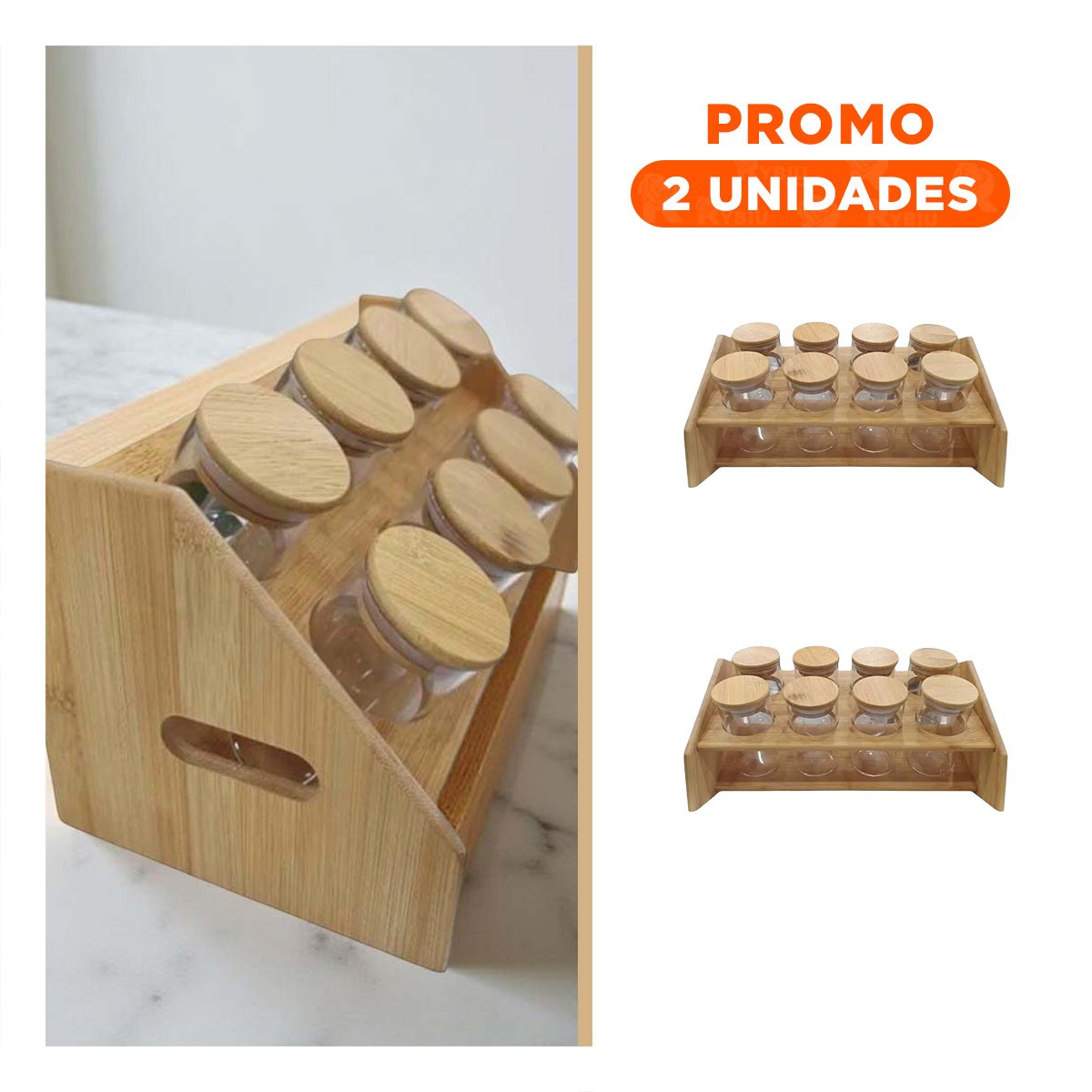 PACK2 ESTACION DE CONDIMENTOS RECTANGULAR CON 8 FRASCOS CIRCULARES EN MADERA YREGALO STICKER - 1