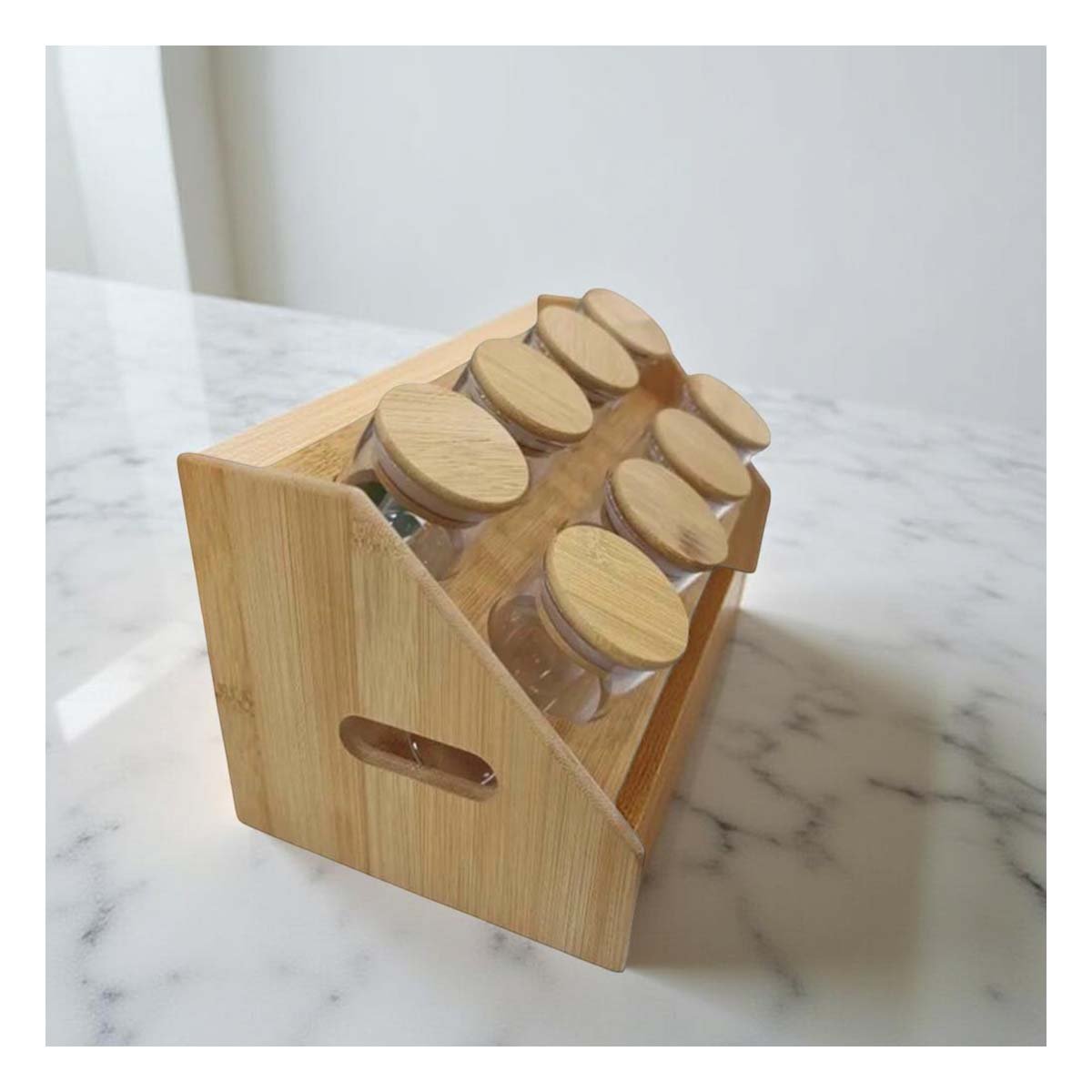 PACK2 ESTACION DE CONDIMENTOS RECTANGULAR CON 8 FRASCOS CIRCULARES EN MADERA YREGALO STICKER - 3
