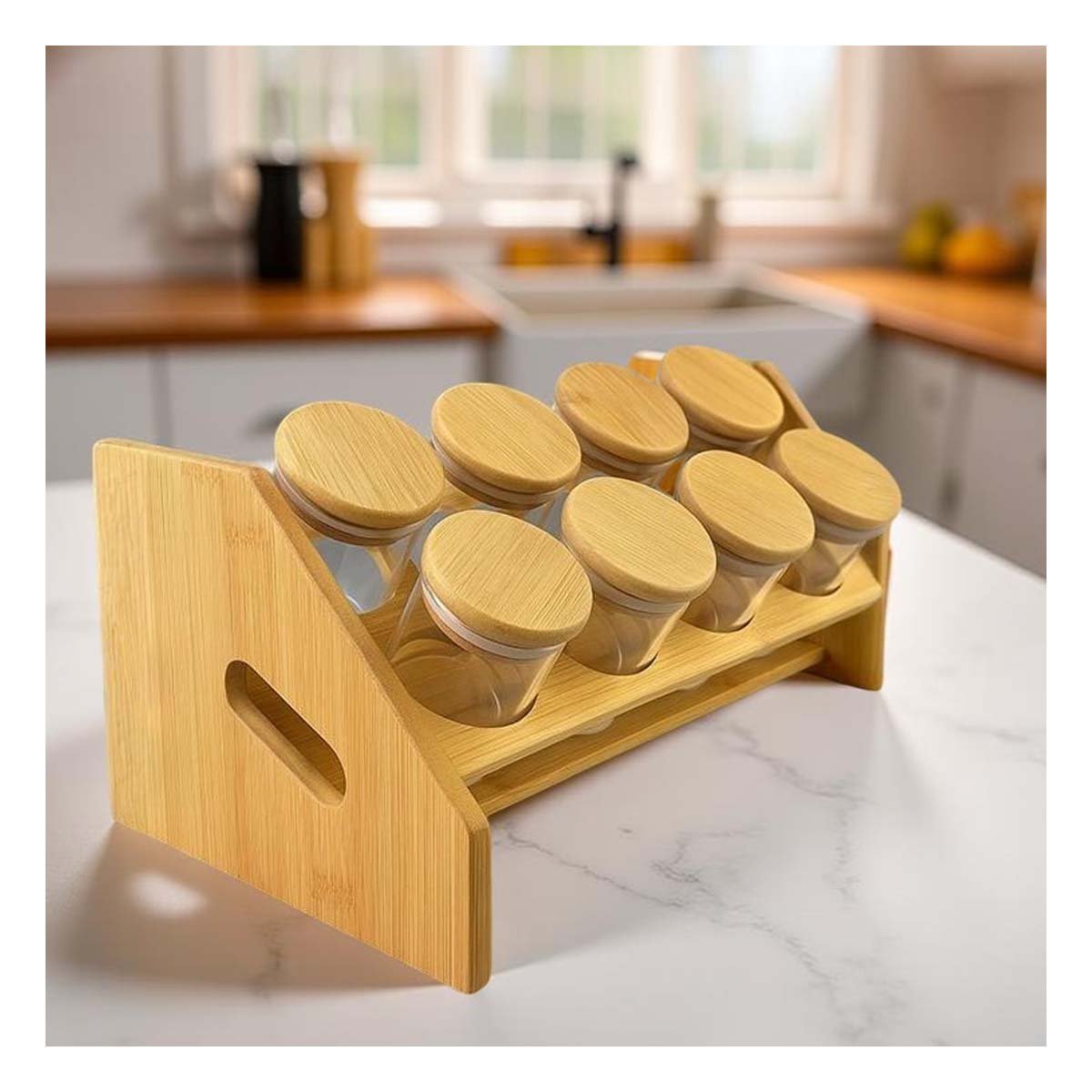 PACK2 ESTACION DE CONDIMENTOS RECTANGULAR CON 8 FRASCOS CIRCULARES EN MADERA YREGALO STICKER - 5