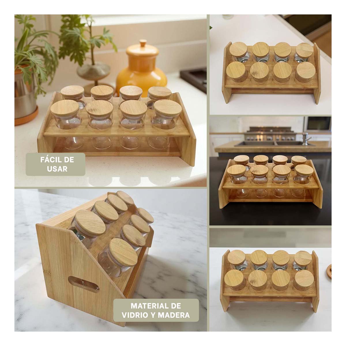 ESPECIERO RECTANGULAR CON 8 FRASCOS CIRCULARES EN MADERA PARA COCINA HOGAR - 2