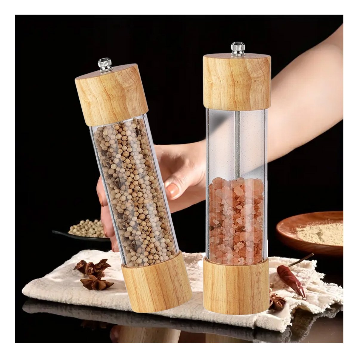 PACK2 MOLINILLO MANUAL DE MADERA Y TRANSPARENTE PARA COCINA HOGAR - 3