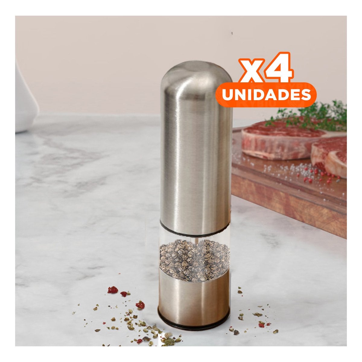 PACK4 MOLEDOR COMPACTO DE PIMIENTA PLATEADO TRANSPARENTE PARA COCINA YREGALO STICKER - 1