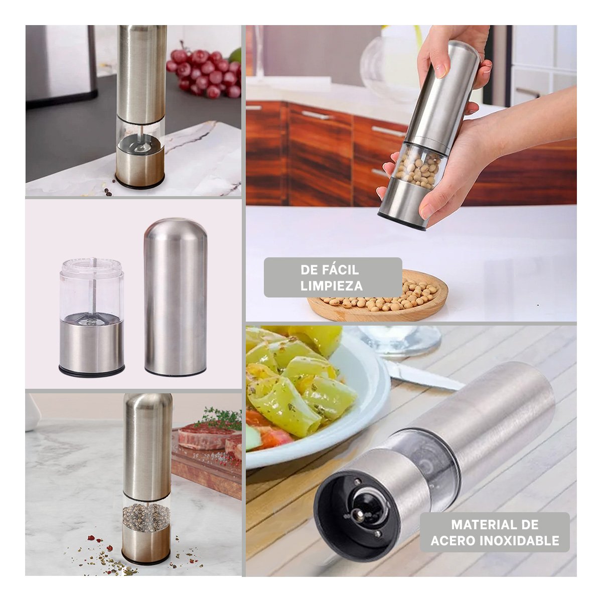 PACK4 MOLEDOR COMPACTO DE PIMIENTA PLATEADO TRANSPARENTE PARA COCINA YREGALO STICKER - 2