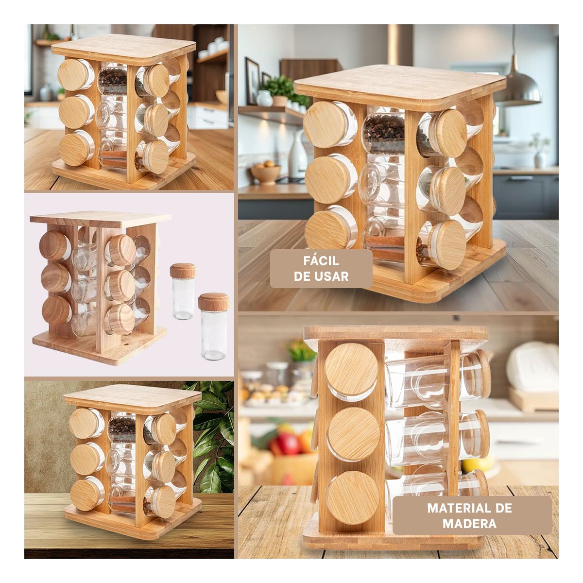 SAZONADOR GIRATORIO CUADRADO DE MADERA CON 12 FRASCOS PARA COCINA YPAPEL REGALO - 3