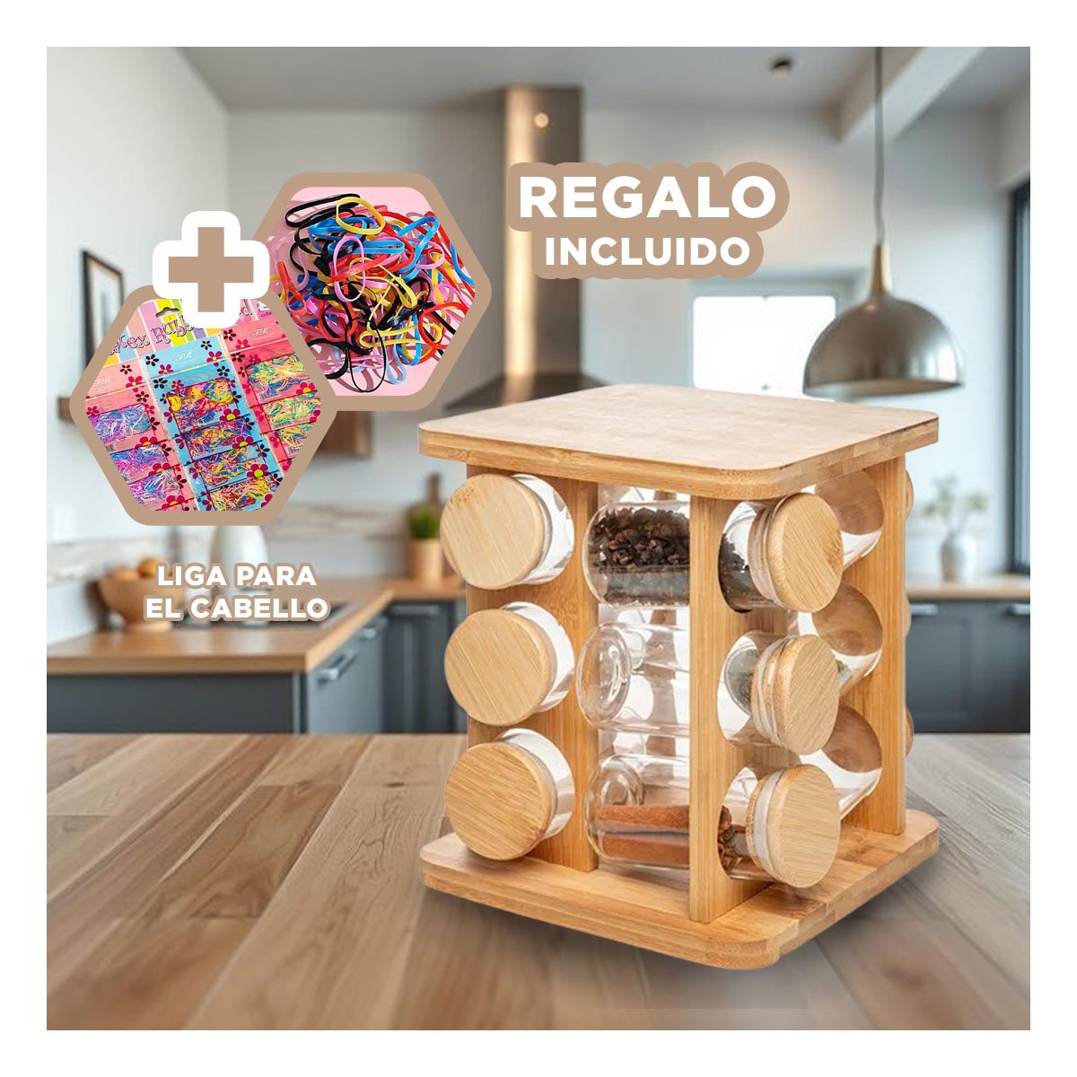 PORTA ESPECIAS GIRATORIO CUADRADO DE MADERA CON 12 FRASCOS COCINA YLIGAS REGALO - 2