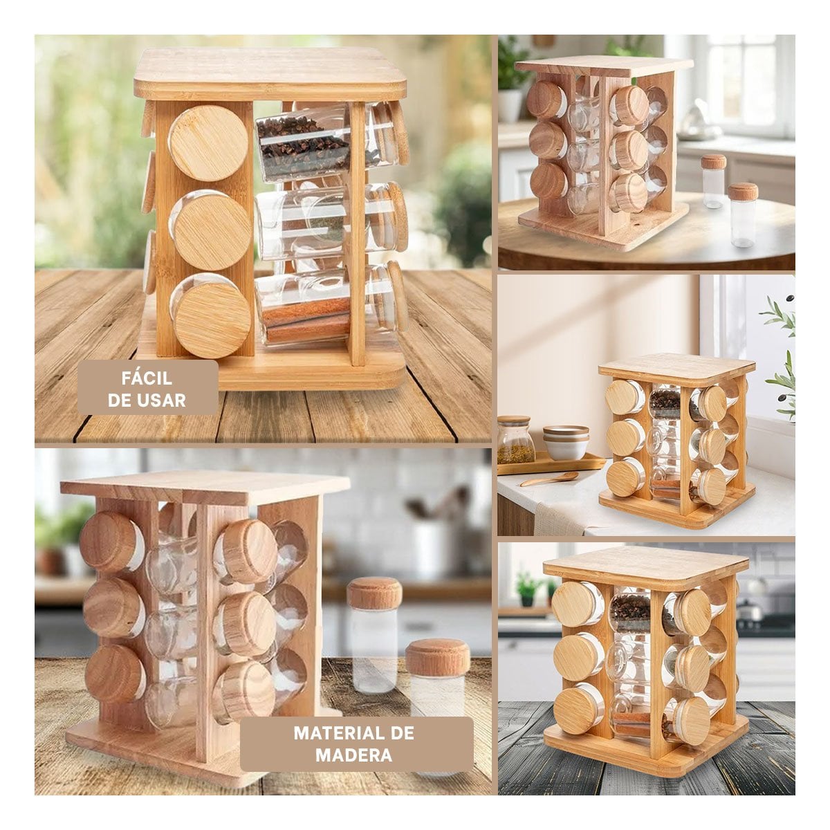 PACK2 RACK GIRATORIO CUADRADO DE MADERA CON 12 FRASCOS PARA COCINA MODERNA YPAPEL REGALO - 3