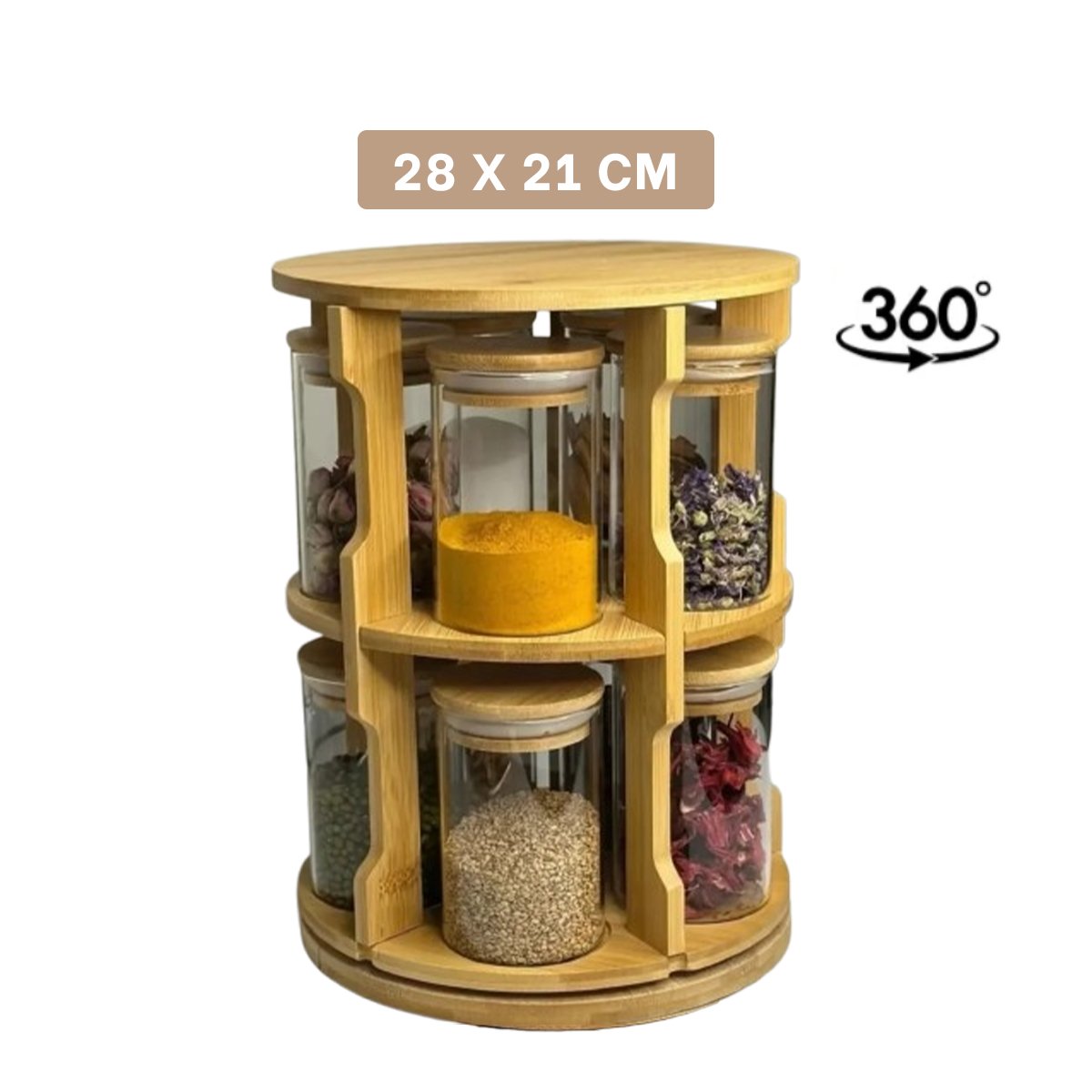 ESPECIERO GIRATORIO CIRCULAR CON 10 FRASCOS DE VIDRIO Y BASE DE MADERA - 4