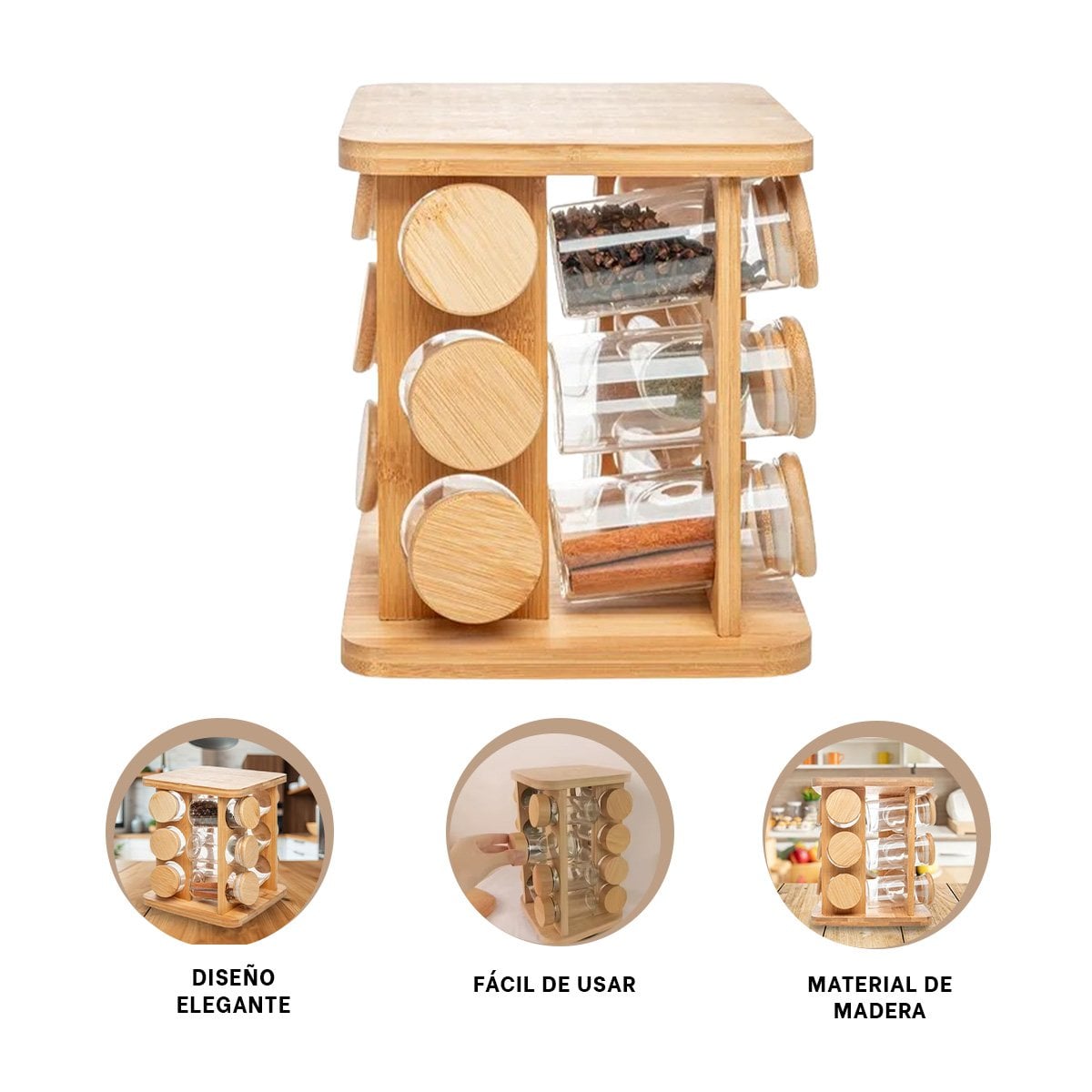 DISPENSADOR GIRATORIO CUADRADO DE MADERA CON 12 FRASCOS COCINA YPOST IT - 5
