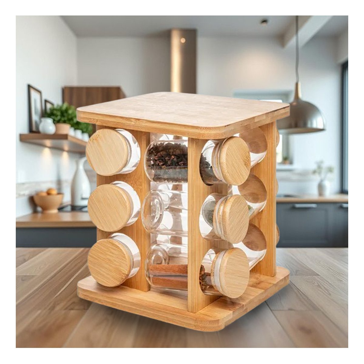 ORGANIZADOR GIRATORIO CUADRADO DE MADERA CON 12 FRASCOS PARA COCINA YREGALO STICKER - 2