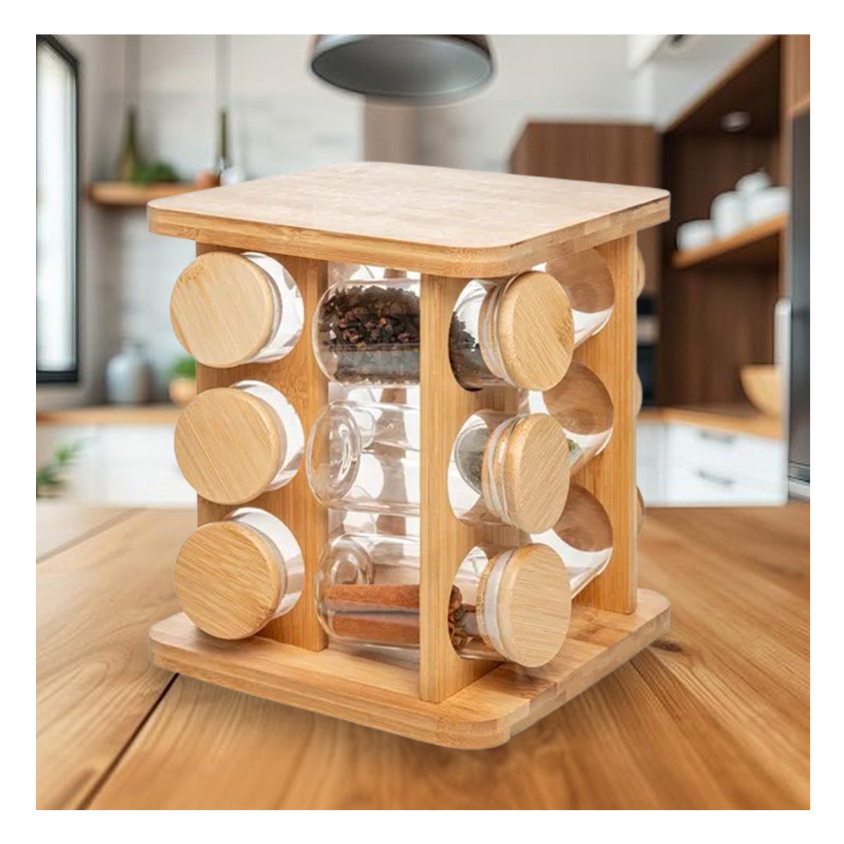 ORGANIZADOR GIRATORIO CUADRADO DE MADERA CON 12 FRASCOS PARA COCINA YREGALO STICKER - 3
