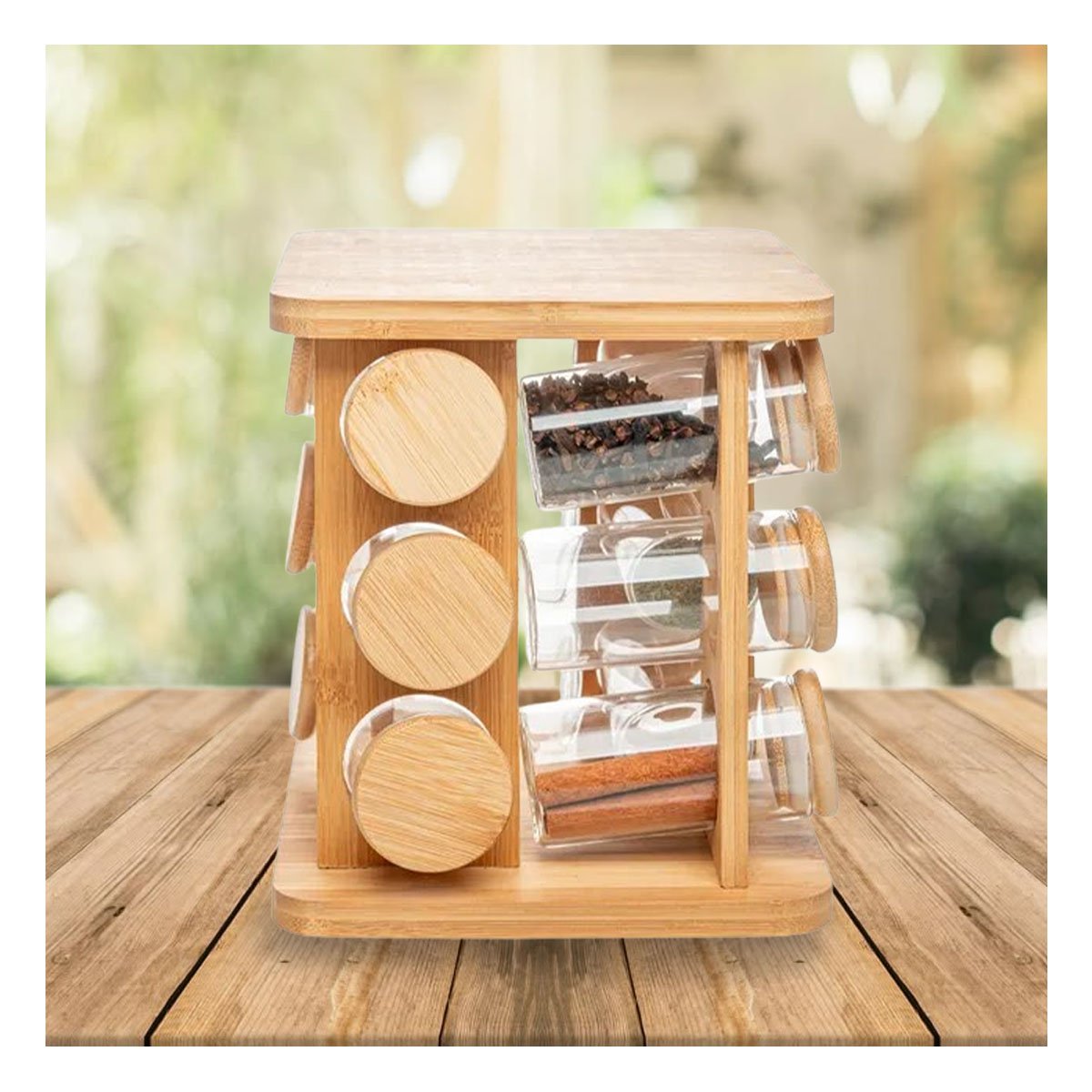 ORGANIZADOR GIRATORIO CUADRADO DE MADERA CON 12 FRASCOS PARA COCINA YREGALO STICKER - 5